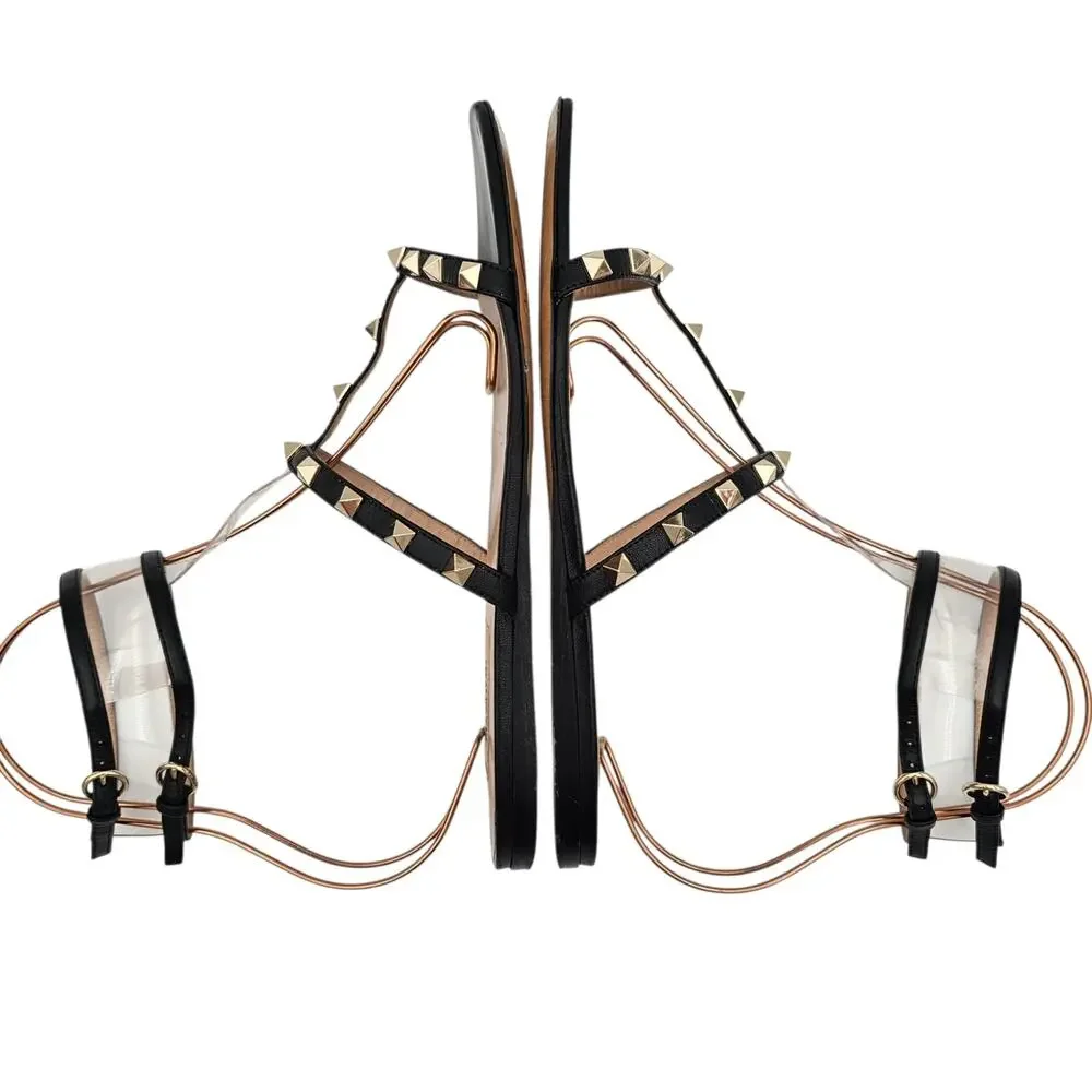 Valentino Garavani Rockstud Cage Flat Sandal Black Leather Gold Size 39.5 9.5